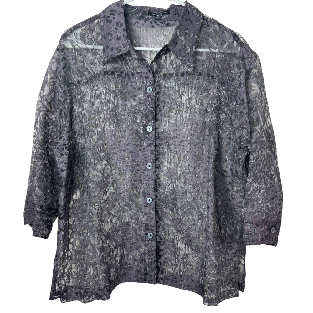 Notations Button Up Shirt Women XL Gray Sheer Animal Print Lace Top